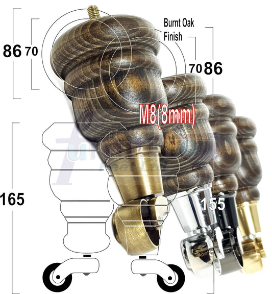 4 Wood Furniture Legs With Castors Feet 155mm 6 Inches High M8 - Burnt Oak