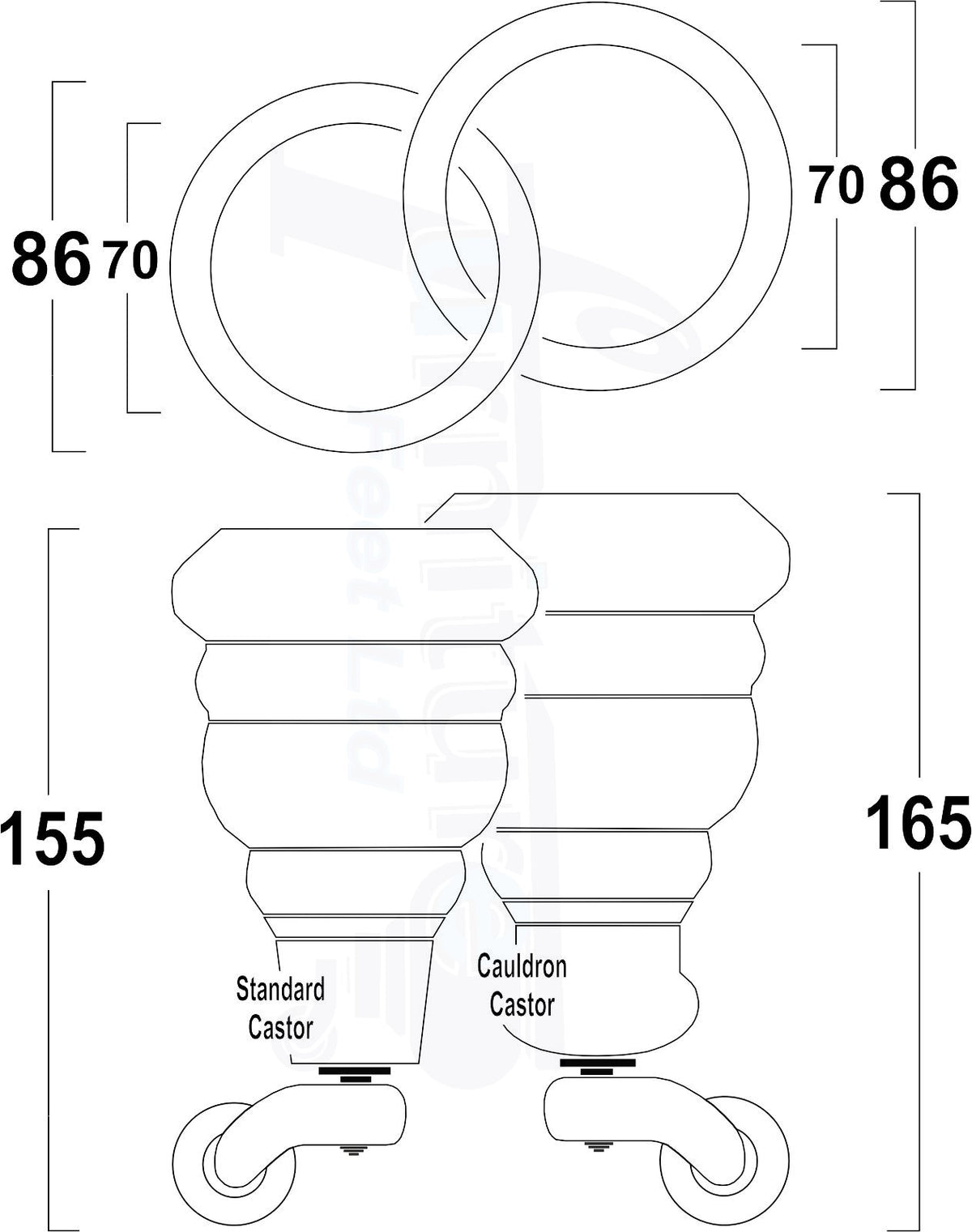 4 Turned Wooden Replacement Furniture Legs with Castors 6 Inch 155mm High Sofa Feet M8 Dowl Fixing - Oak Stain Finish