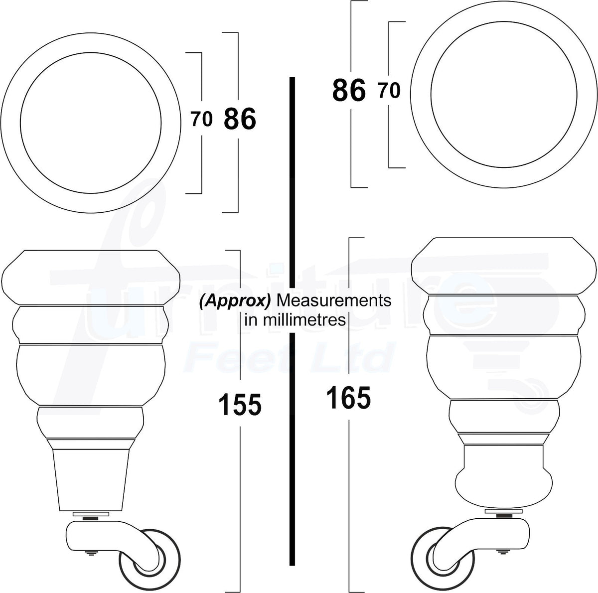 4 Turned Wooden Replacement Furniture Legs with Castors 6 Inch 155mm High Sofa Feet M8 Dowl Fixing - Natural