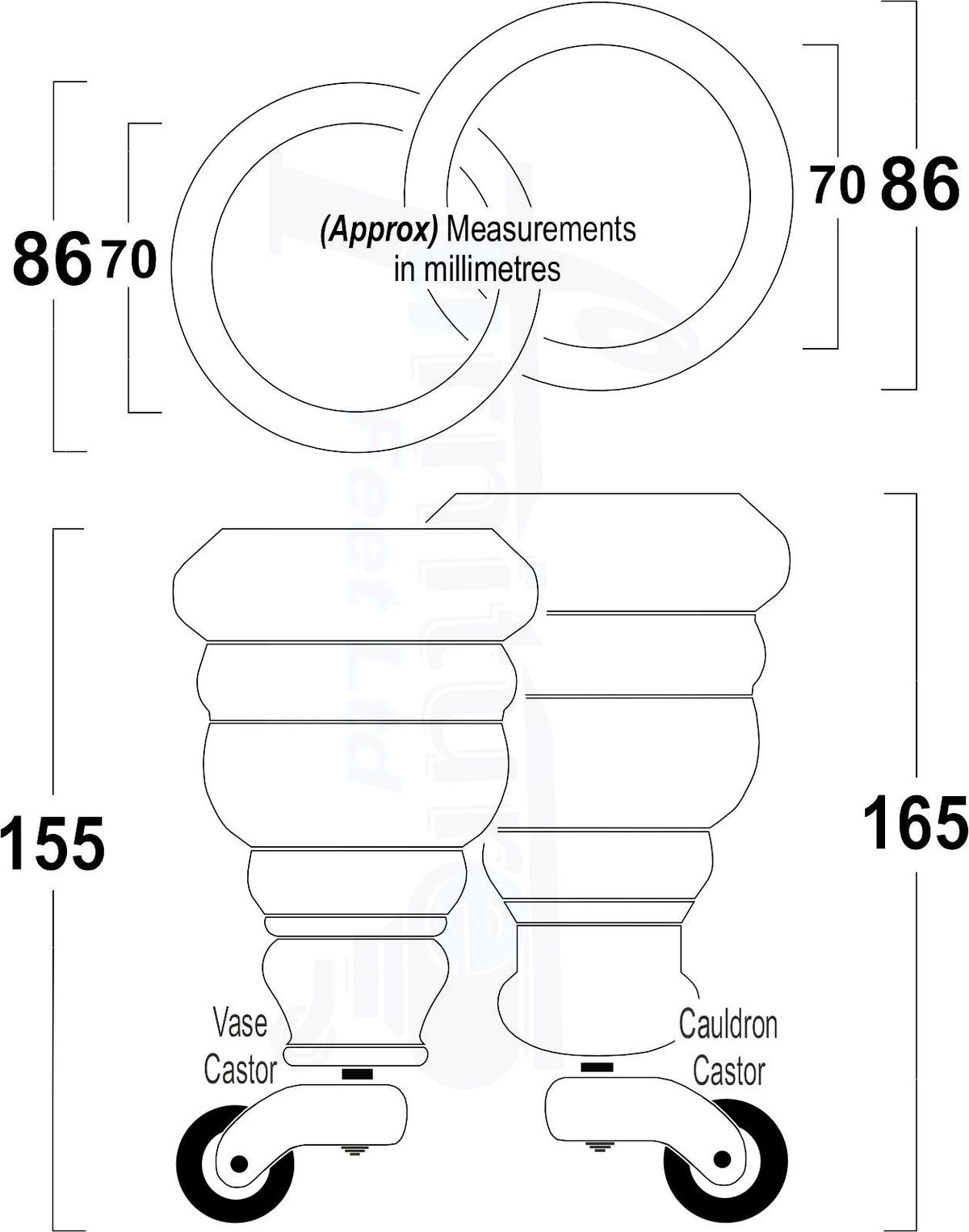 4 Turned Wooden Replacement Furniture Legs with Castors 6 Inch 155mm High Sofa Feet M8 Dowl Fixing - Black Finish