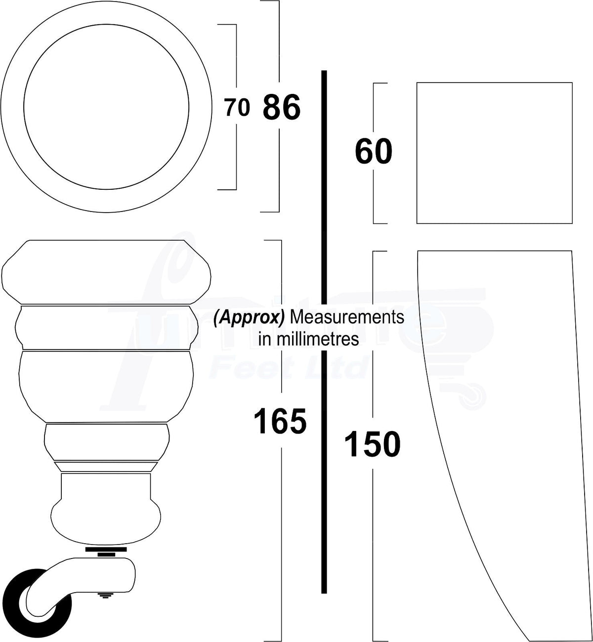 4 Turned Wood Furniture Legs Replacement Sofa Feet 6 Inch 155mm with 2 Curved Back Legs M8 Dowl Fitting - Black