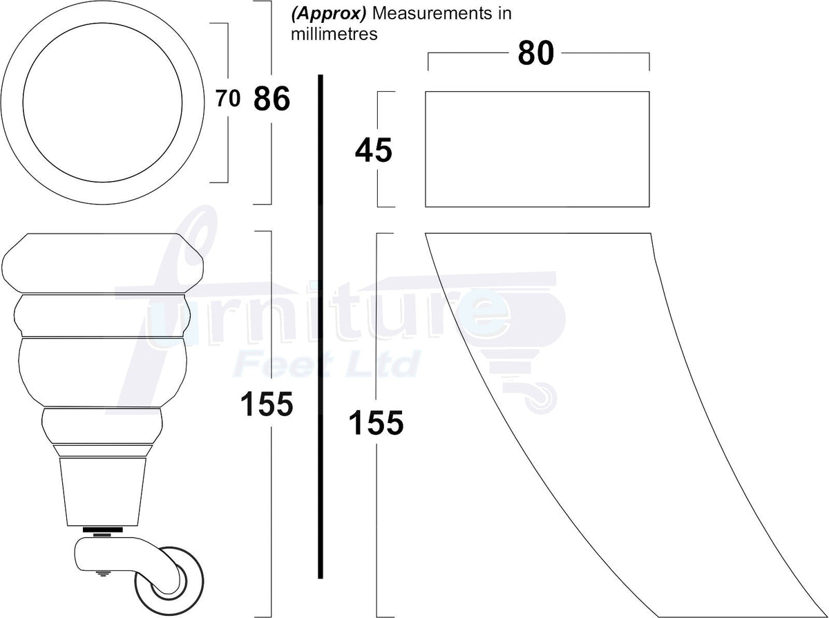 4 Turned Wood Furniture Legs Replacement Sofa Feet 6 Inch 155mm with 2 Curved Back Legs M8 Dowl Fitting - Black