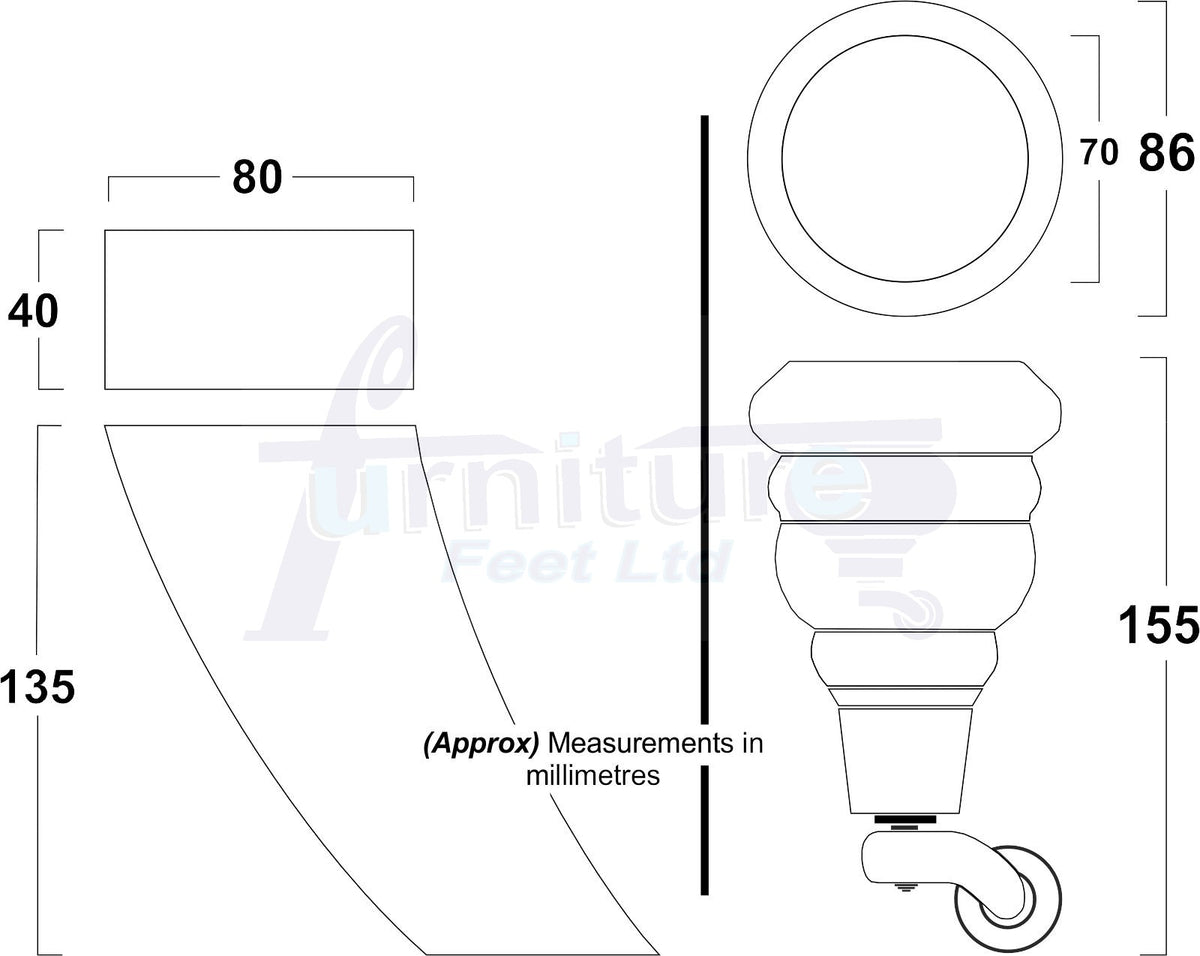 4 Turned Wood Furniture Legs Replacement Sofa Feet 6 Inch 155mm with 2 Curved Back Legs M8 Dowl Fitting - Black