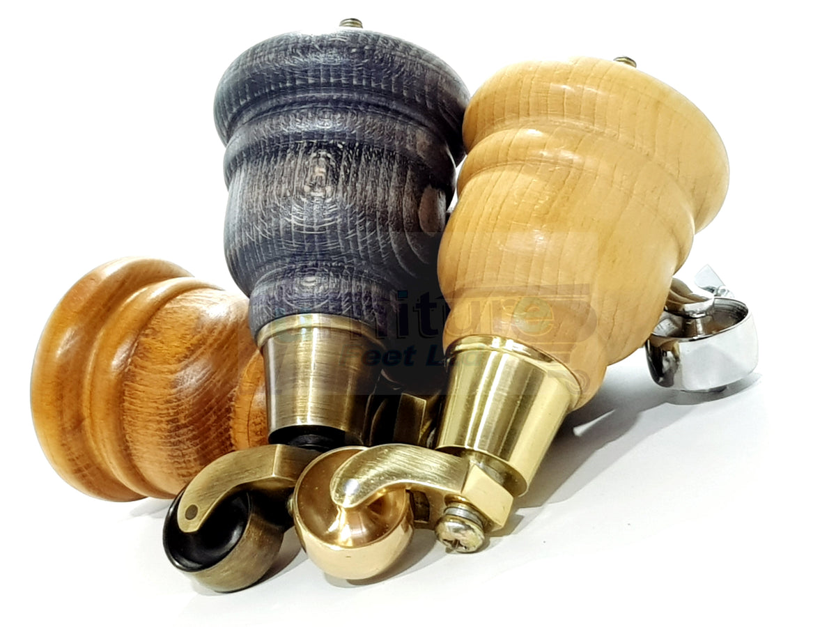 4 Solid Wood Turned Replacement Furniture Legs with Castor Feet 165mm High M8 Fixing - Oak Finish