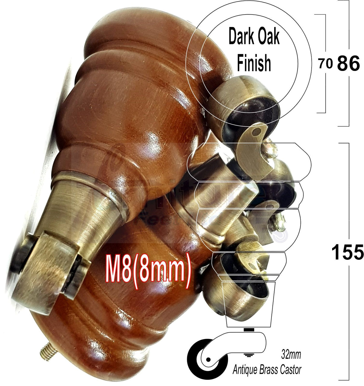 4 Solid Wood Furniture Legs with Castors Dark Oak Replacement Feet 155mm High 6 Inches M8 Fitting