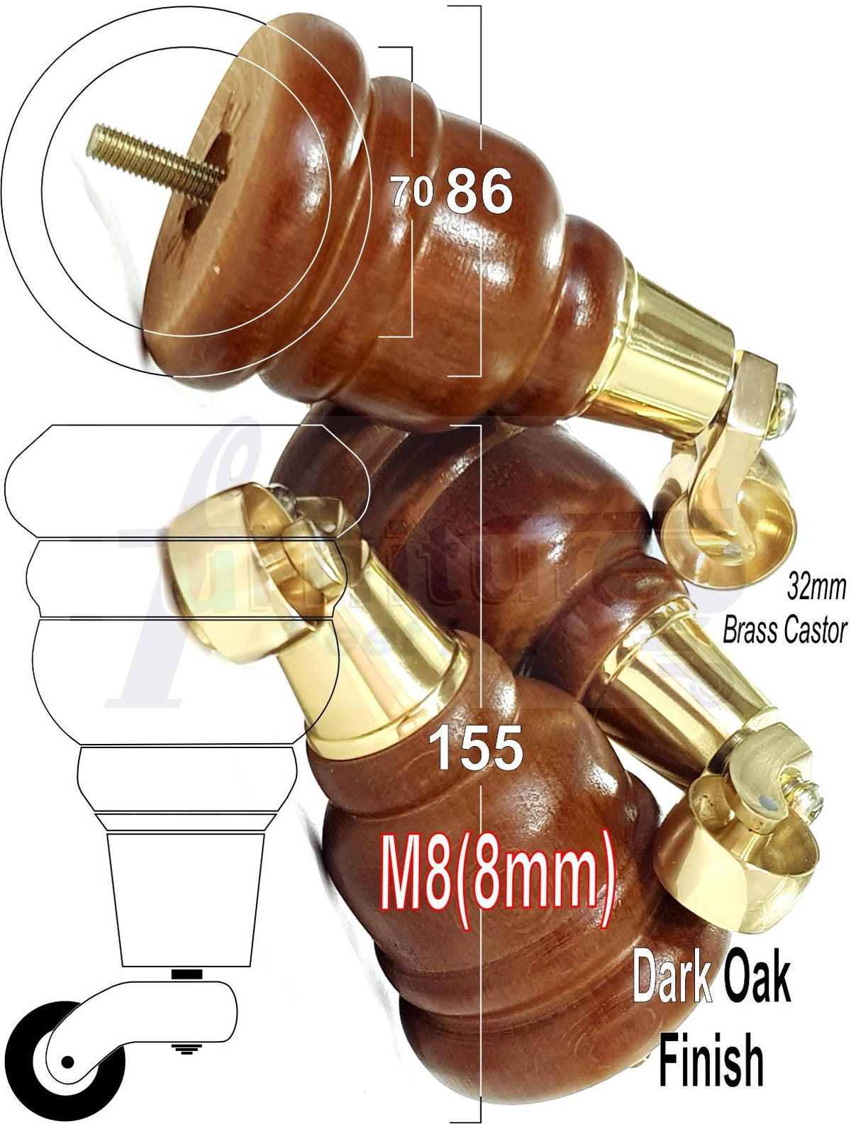 4 Solid Wood Furniture Legs with Castors Dark Oak Replacement Feet 155mm High 6 Inches M8 Fitting