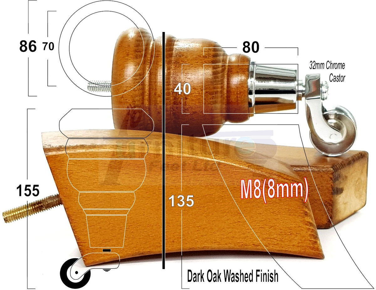 4 Wood Replacement Legs Turned Furniture Feet 6 Inch 155mm with 2 Curved Back Legs M8 Dowl Fitting - Dark Oak Washed