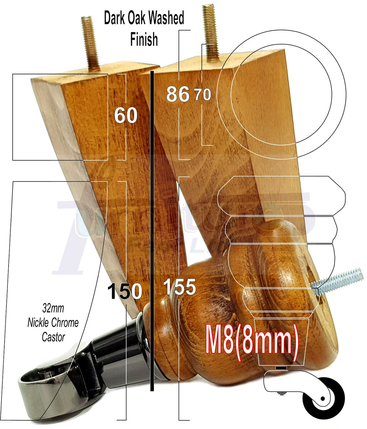 4 Turned Wood Furniture Legs Replacement Sofa Feet 6 Inch 155mm with 2 Curved Back Legs M8 Dowl Fitting - Dark Oak Washed Finish