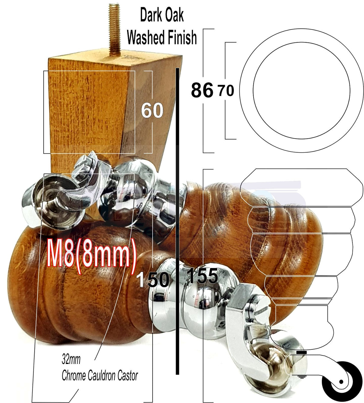 4 Turned Wood Furniture Legs Replacement Sofa Feet 6 Inch 155mm with 2 Curved Back Legs M8 Dowl Fitting - Dark Oak Washed Finish