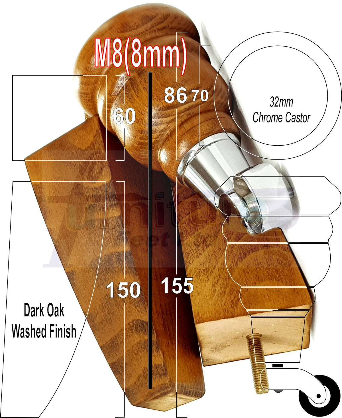 4 Turned Wood Furniture Legs Replacement Sofa Feet 6 Inch 155mm with 2 Curved Back Legs M8 Dowl Fitting - Dark Oak Washed Finish