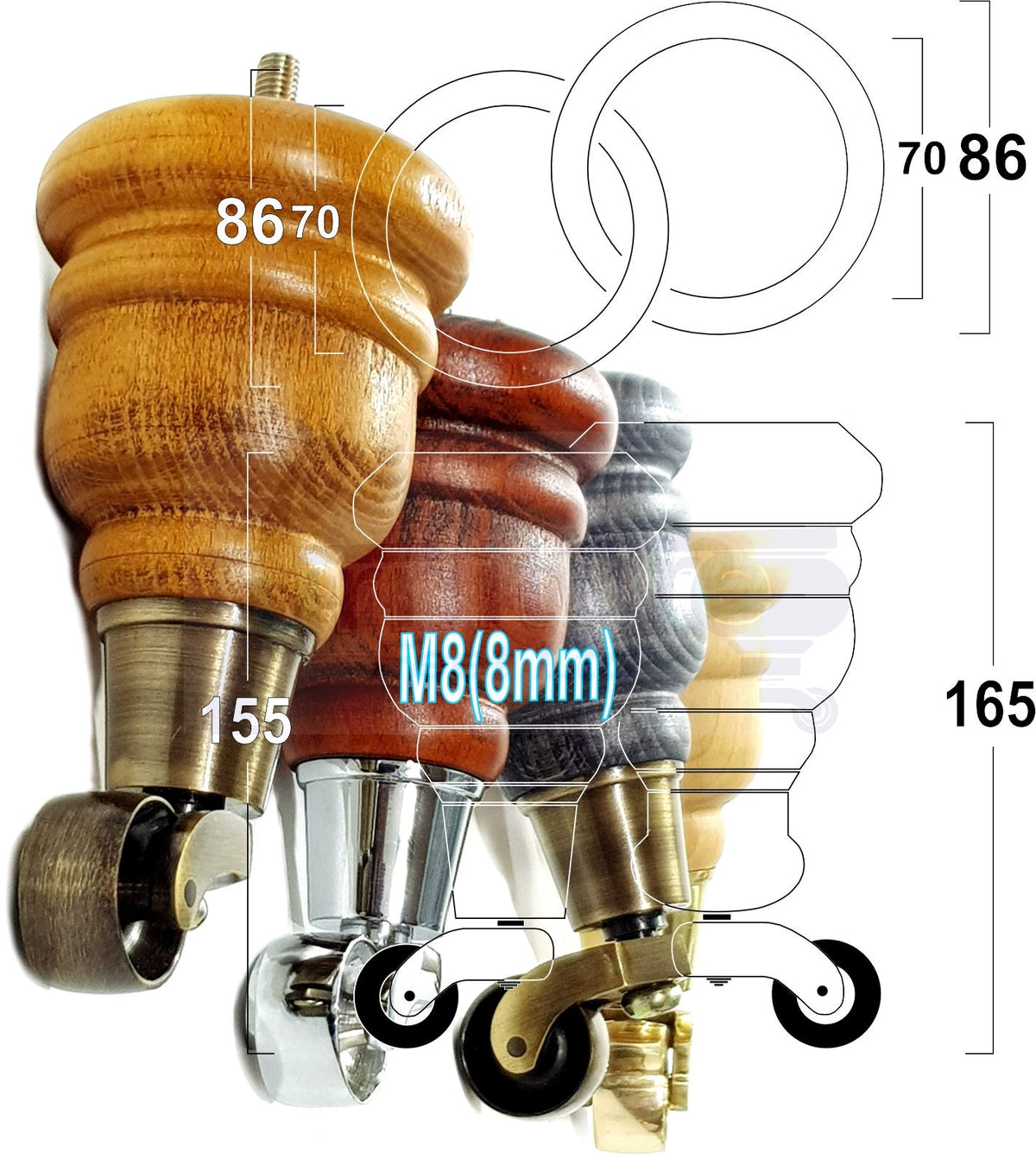 4 Turned Wooden Replacement Furniture Legs with Castors 6 Inch 155mm High Sofa Feet M8 Dowl Fixing - Black Finish