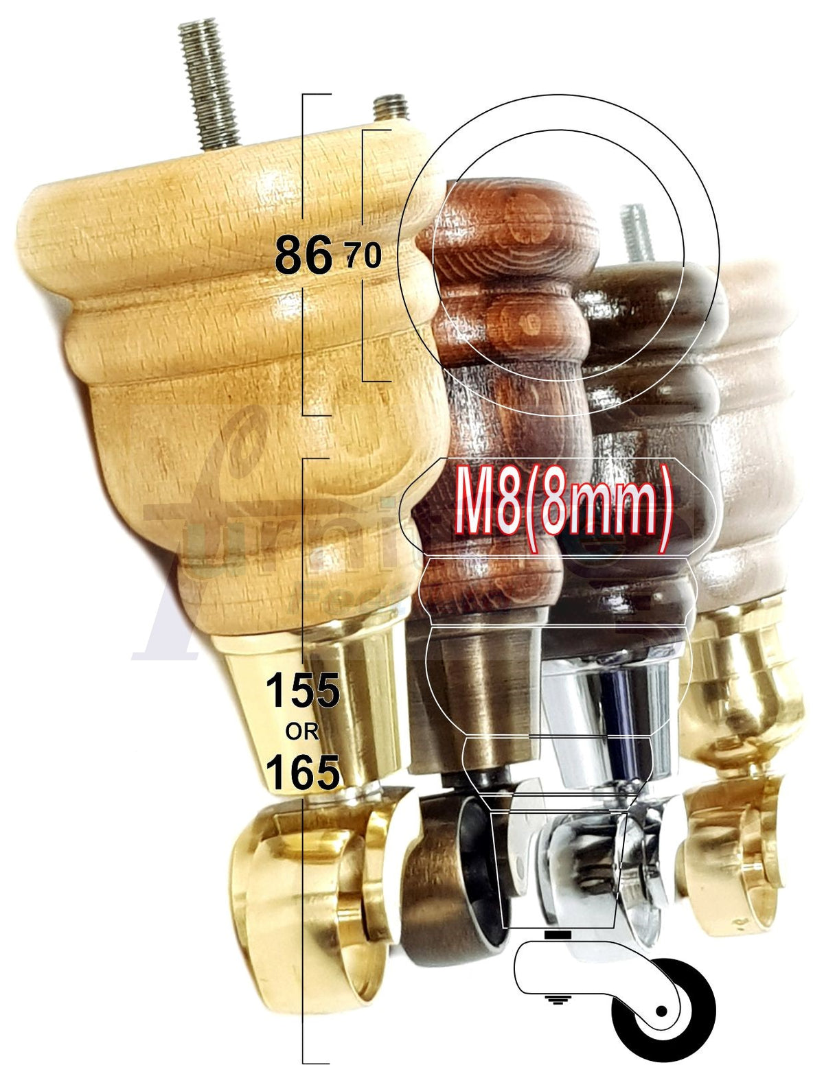 4 Turned Wood Replacement Furniture Legs with Castors 155mm High Feet M8 6 Inches - Mahogany