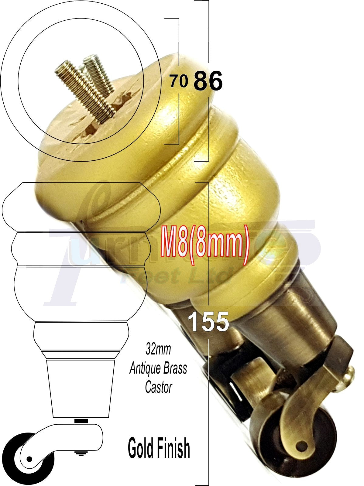 4 Turned Wooden Replacement Furniture Legs with Castors 6 Inch 155mm High Sofa Feet M8 Dowl Fixing - Gold Finish