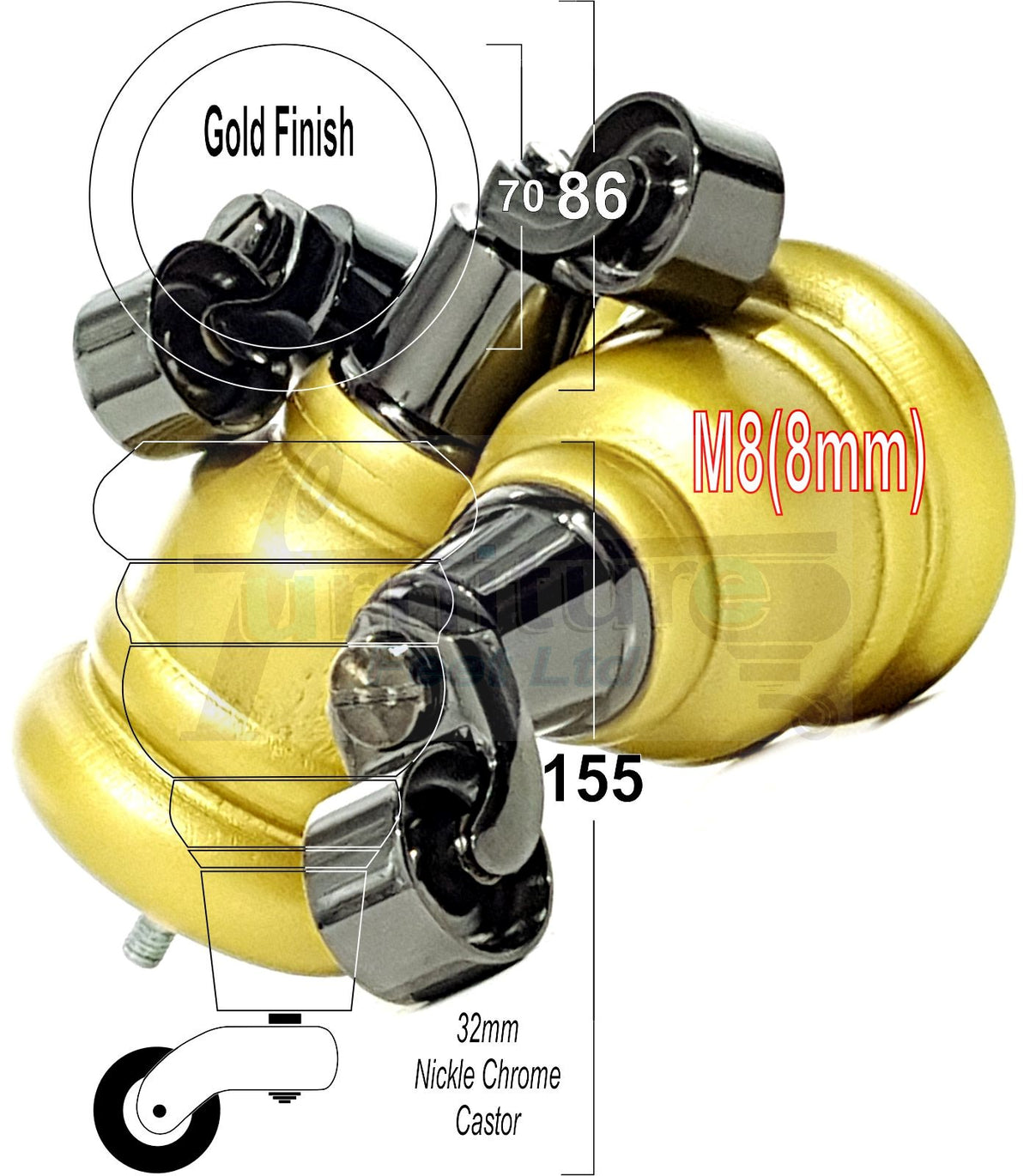 4 Turned Wooden Replacement Furniture Legs with Castors 6 Inch 155mm High Sofa Feet M8 Dowl Fixing - Gold Finish
