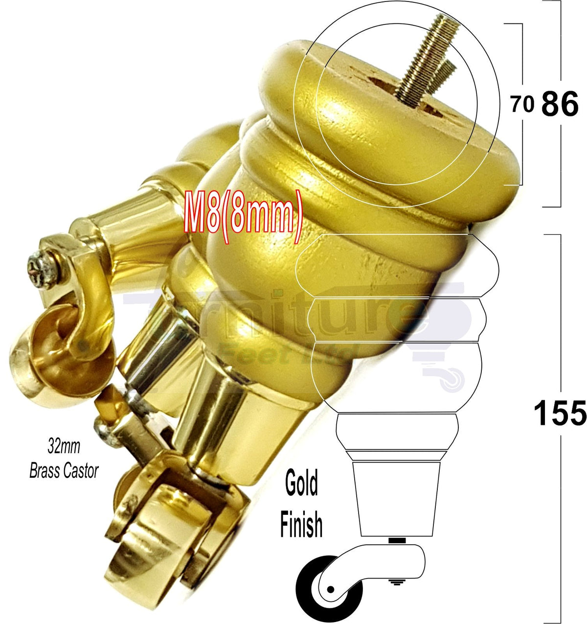 4 Turned Wooden Replacement Furniture Legs with Castors 6 Inch 155mm High Sofa Feet M8 Dowl Fixing - Gold Finish