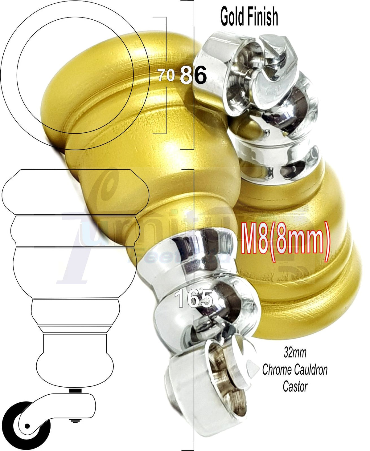 4 Turned Wooden Replacement Furniture Legs with Castors 6 Inch 155mm High Sofa Feet M8 Dowl Fixing - Gold Finish