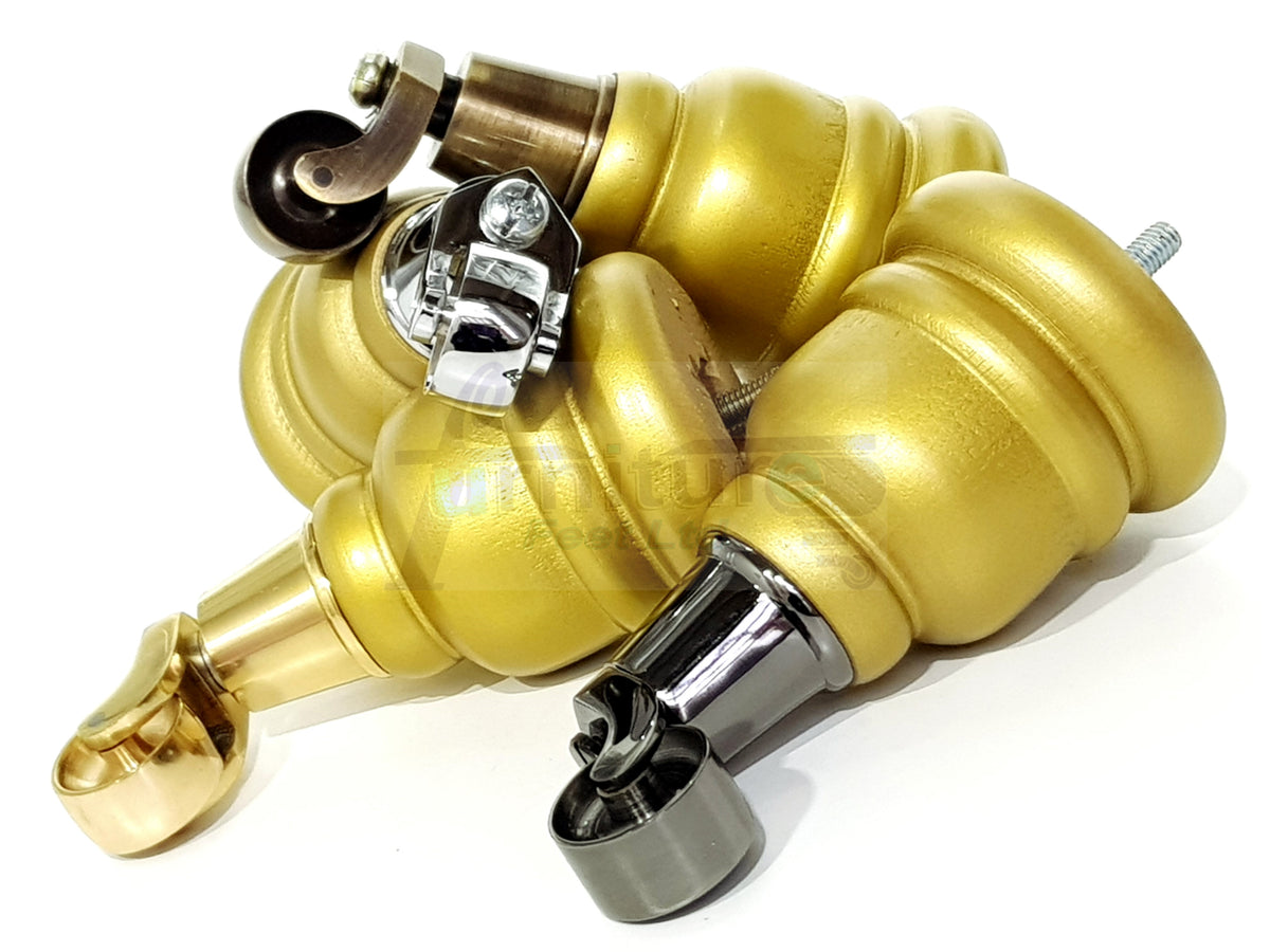 4 Turned Wooden Replacement Furniture Legs with Castors 6 Inch 155mm High Sofa Feet M8 Dowl Fixing - Gold Finish