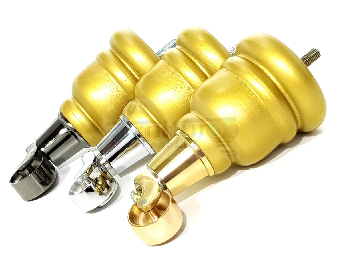4 Turned Wooden Replacement Furniture Legs with Castors 6 Inch 155mm High Sofa Feet M8 Dowl Fixing - Gold Finish