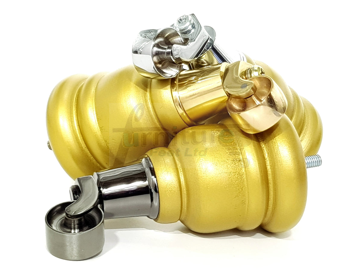 4 Turned Wooden Replacement Furniture Legs with Castors 6 Inch 155mm High Sofa Feet M8 Dowl Fixing - Gold Finish