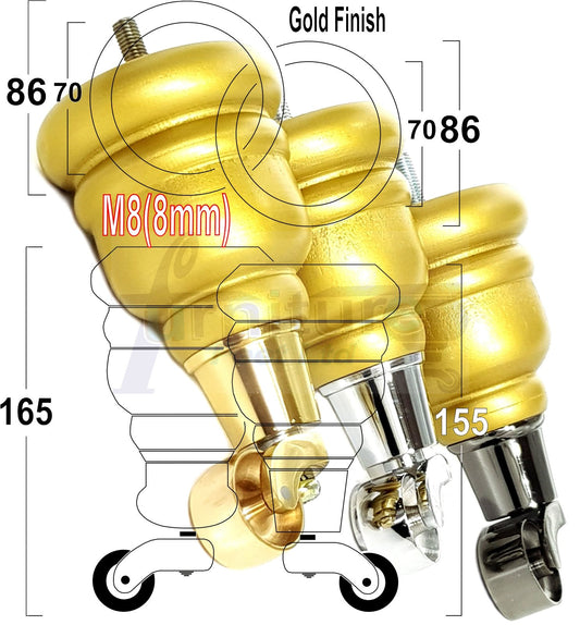 4 Turned Wooden Replacement Furniture Legs with Castors 6 Inch 155mm High Sofa Feet M8 Dowl Fixing - Gold Finish