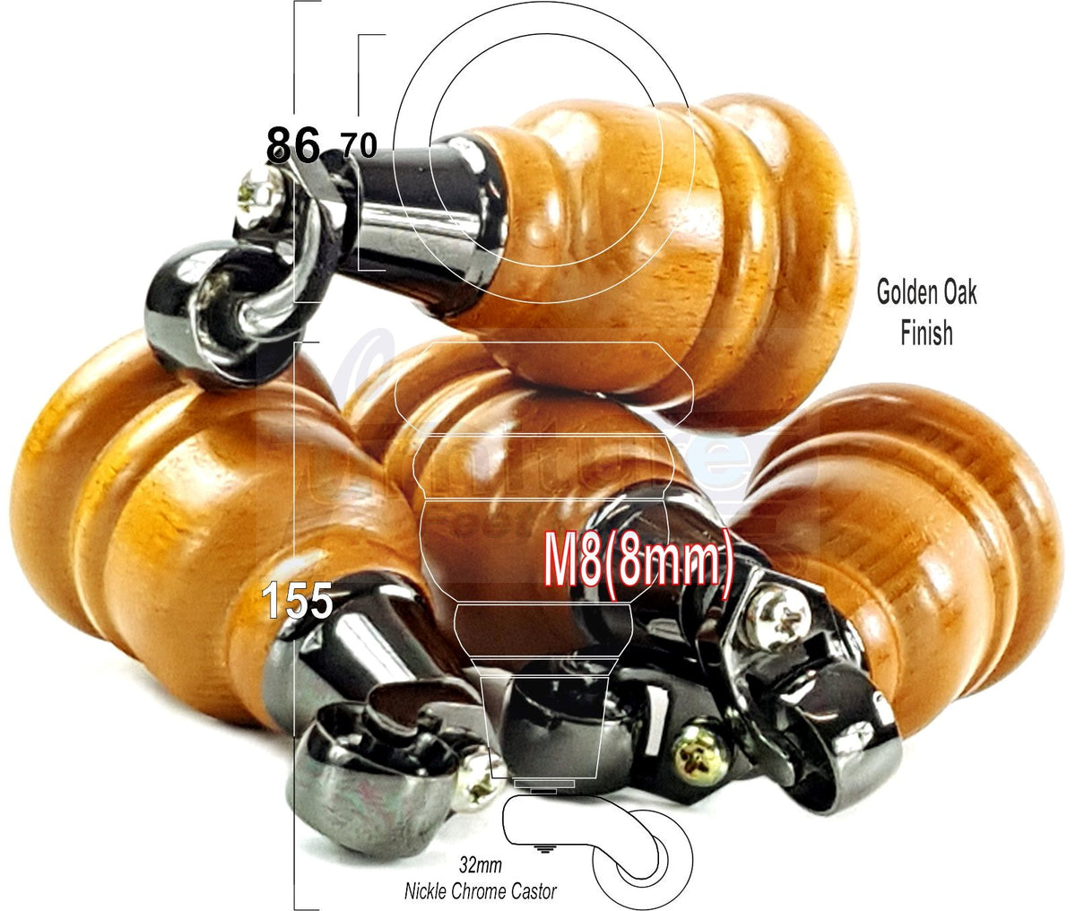 4 Turned Wooden Replacement Furniture Legs with Castors 6 Inch 155mm High Sofa Feet M8 Dowl Fixing - 