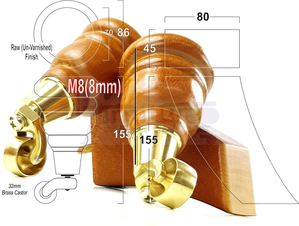 2x Turned Replacement Legs 155mm High & 2x Curved Solid Wood Furniture Legs M8 Dowl Fix - Golden Oak