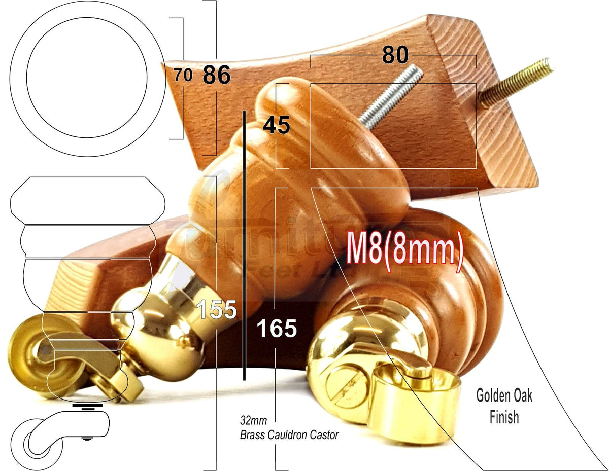 2x Turned Replacement Legs 155mm High & 2x Curved Solid Wood Furniture Legs M8 Dowl Fix - Golden Oak