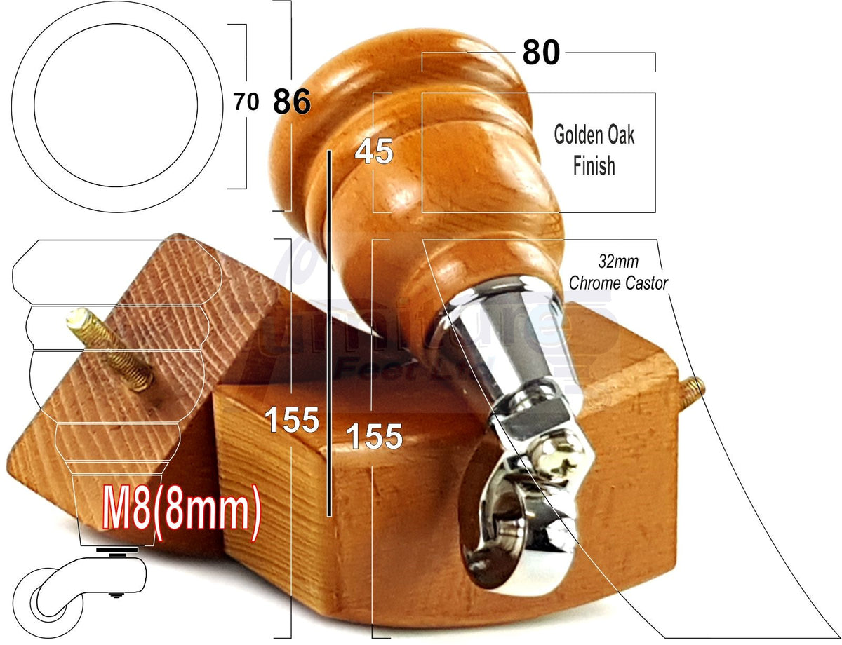 2x Turned Replacement Legs 155mm High & 2x Curved Solid Wood Furniture Legs M8 Dowl Fix - Golden Oak