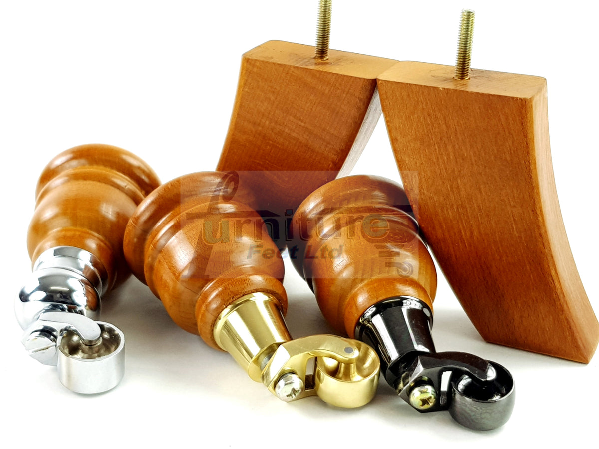 2x Turned Replacement Legs 155mm High & 2x Curved Solid Wood Furniture Legs M8 Dowl Fix - Golden Oak