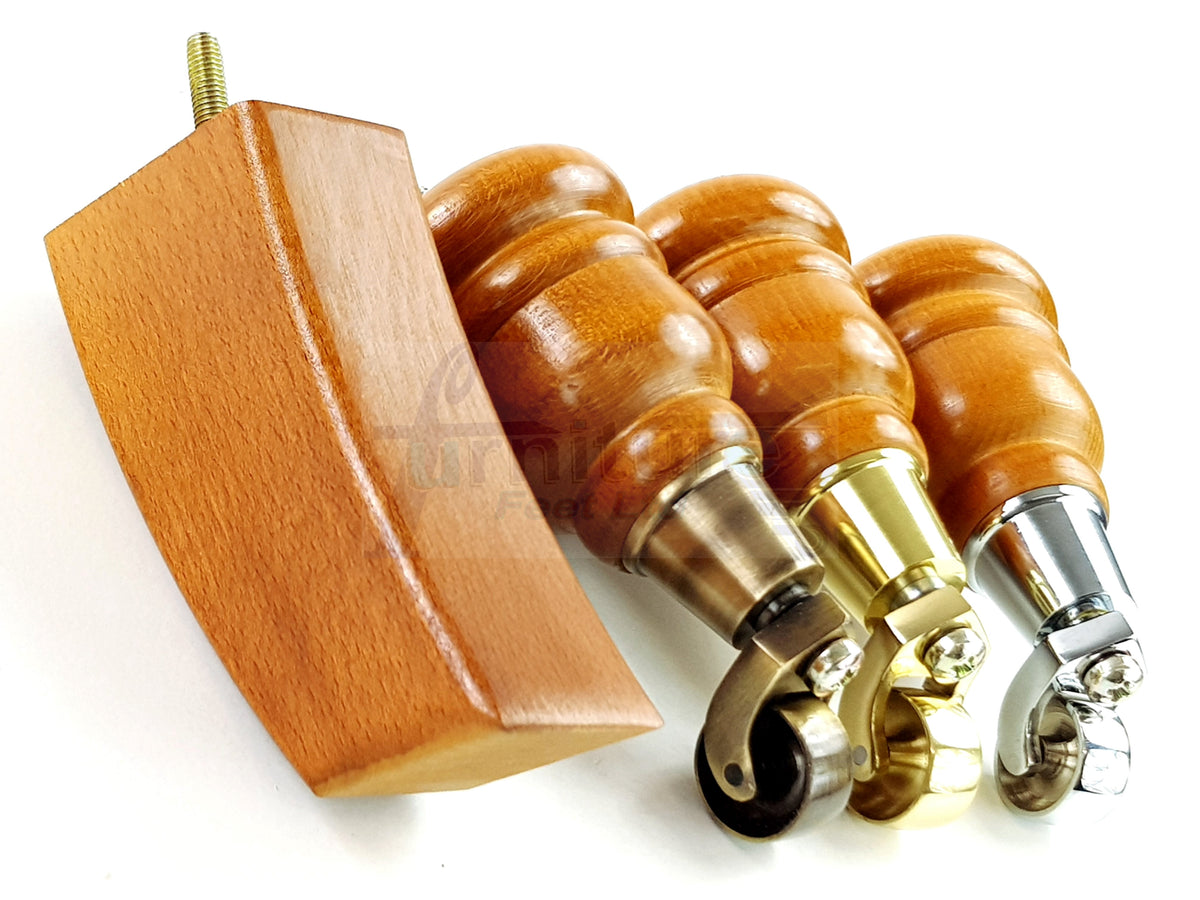 2x Turned Replacement Legs 155mm High & 2x Curved Solid Wood Furniture Legs M8 Dowl Fix - Golden Oak