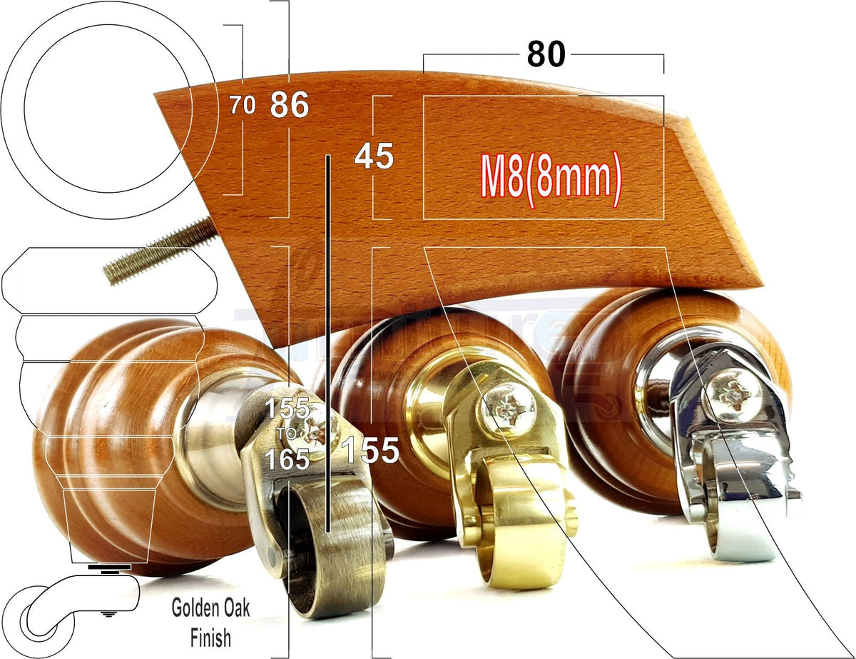 2x Turned Replacement Legs 155mm High & 2x Curved Solid Wood Furniture Legs M8 Dowl Fix - Golden Oak
