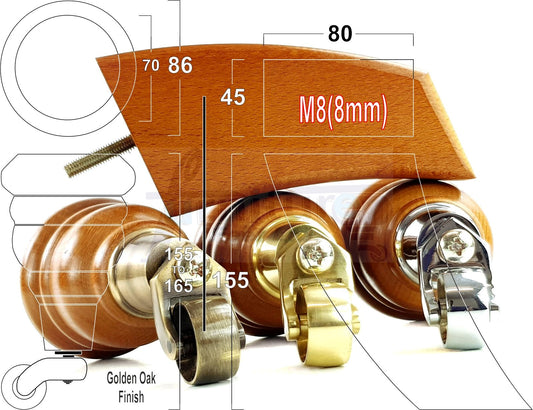 2x Turned Replacement Legs 155mm High & 2x Curved Solid Wood Furniture Legs M8 Dowl Fix - Golden Oak