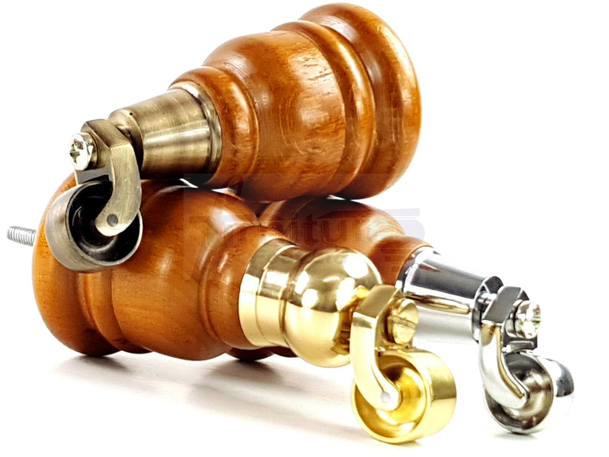 4 Turned Wooden Replacement Furniture Legs with Castors 6 Inch 155mm High Sofa Feet M8 Dowl Fixing - 