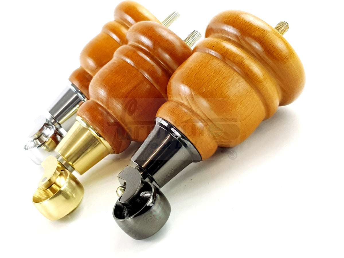 4 Turned Wooden Replacement Furniture Legs with Castors 6 Inch 155mm High Sofa Feet M8 Dowl Fixing - 