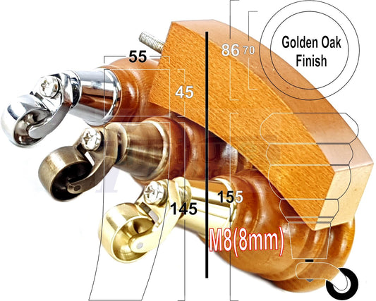 Turned Wood Furniture Legs 2 with Castors 155mm and 2 Curved Back Legs Replacement Sofas Feet M8 Fitting 6 Inches - Golden Oak