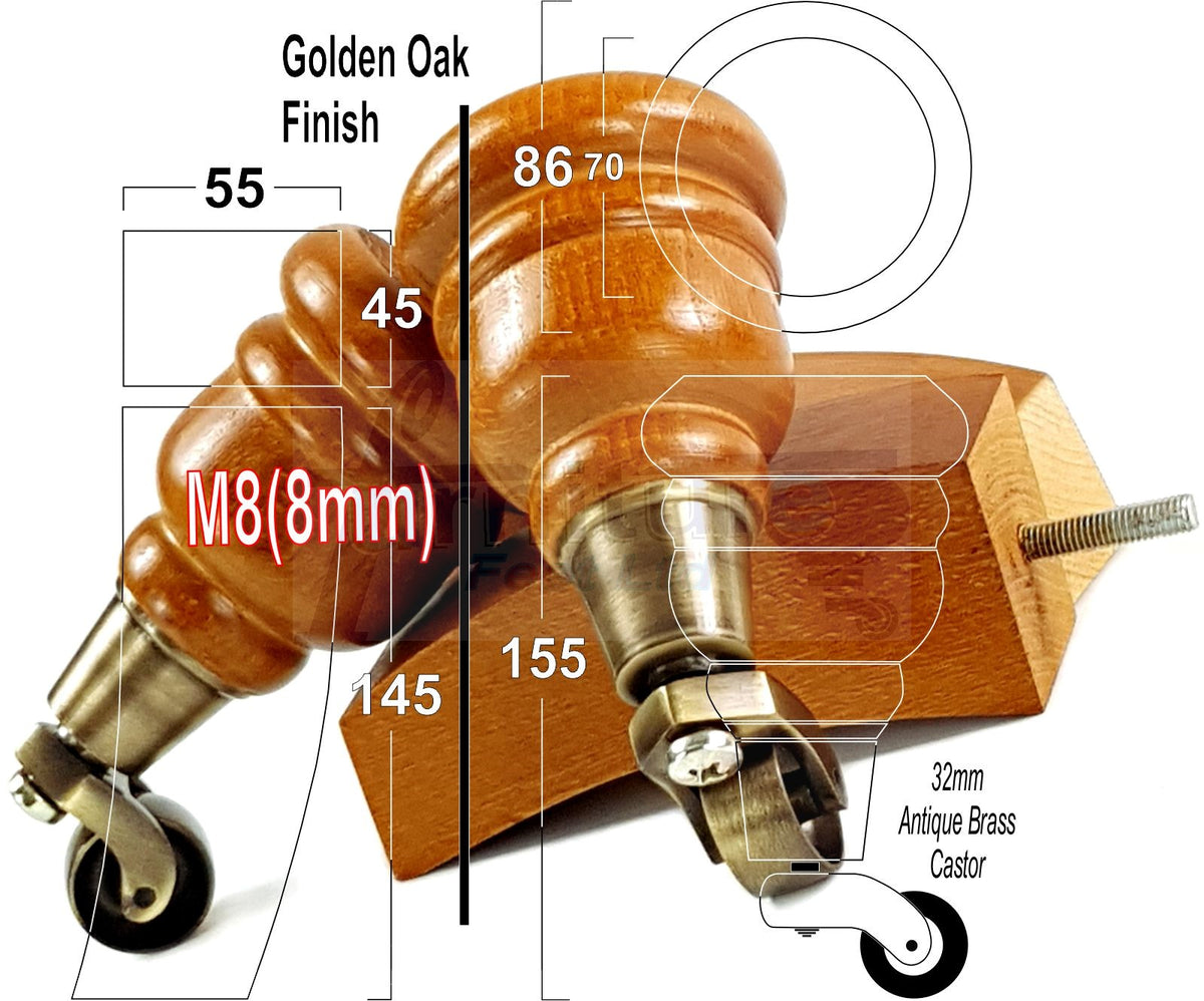 Turned Wood Furniture Legs 2 with Castors 155mm and 2 Curved Back Legs Replacement Sofas Feet M8 Fitting 6 Inches - Golden Oak