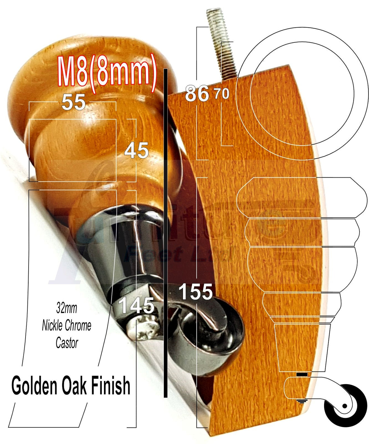 Turned Wood Furniture Legs 2 with Castors 155mm and 2 Curved Back Legs Replacement Sofas Feet M8 Fitting 6 Inches - Golden Oak