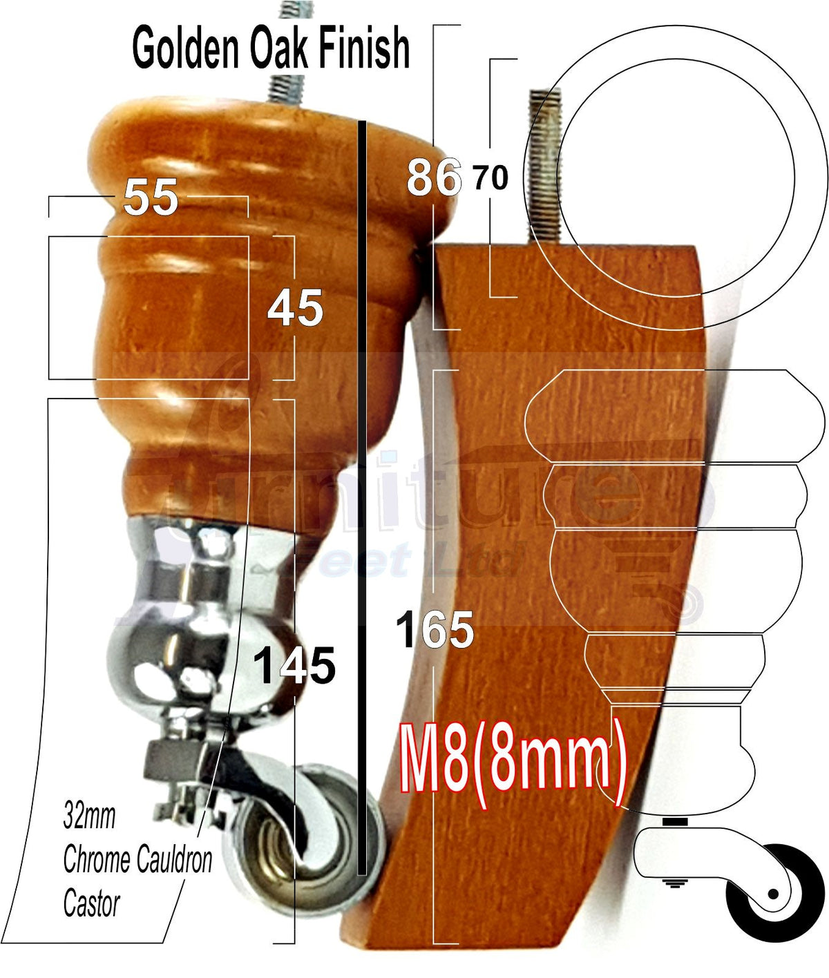 Turned Wood Furniture Legs 2 with Castors 155mm and 2 Curved Back Legs Replacement Sofas Feet M8 Fitting 6 Inches - Golden Oak