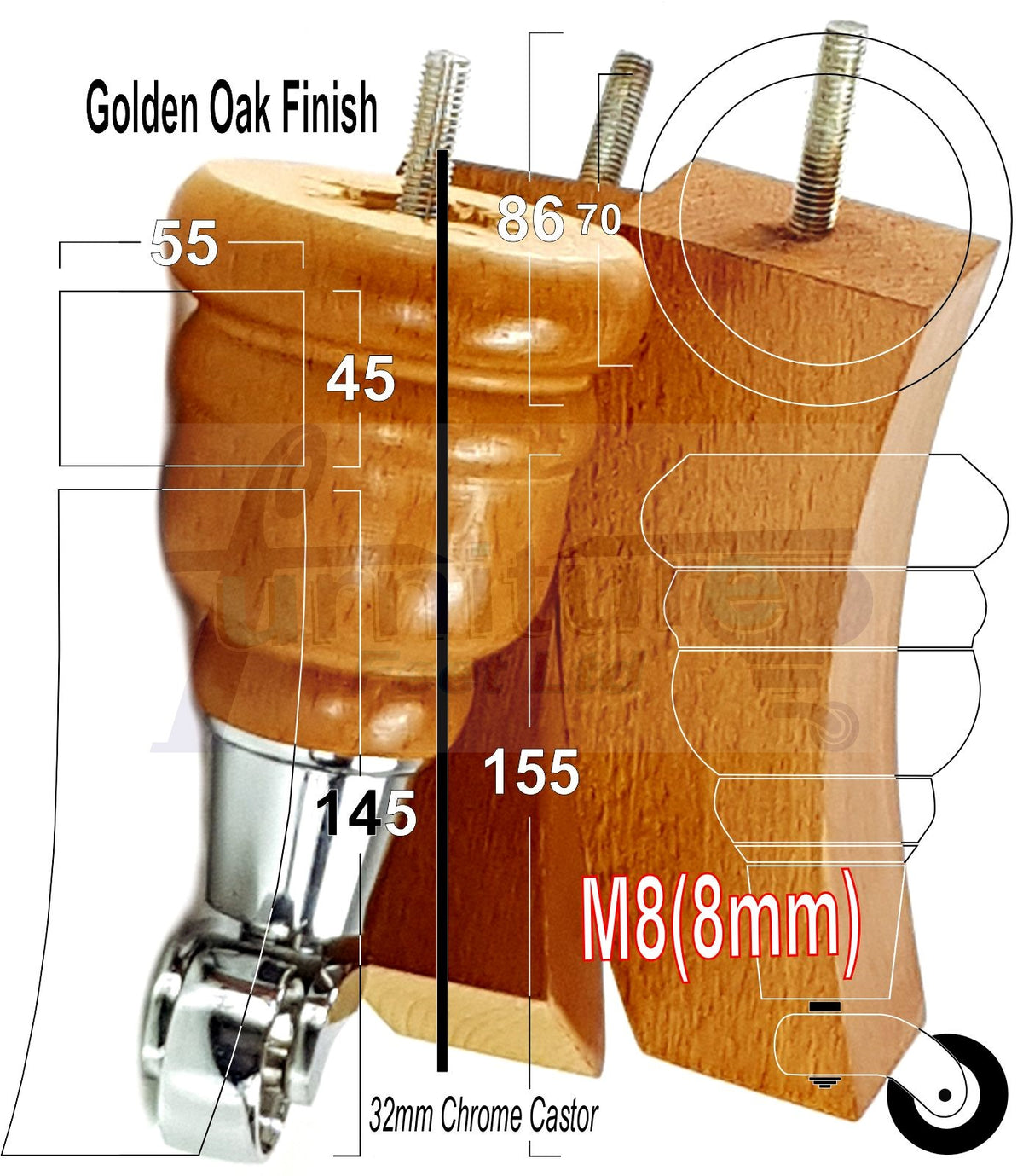 Turned Wood Furniture Legs 2 with Castors 155mm and 2 Curved Back Legs Replacement Sofas Feet M8 Fitting 6 Inches - Golden Oak