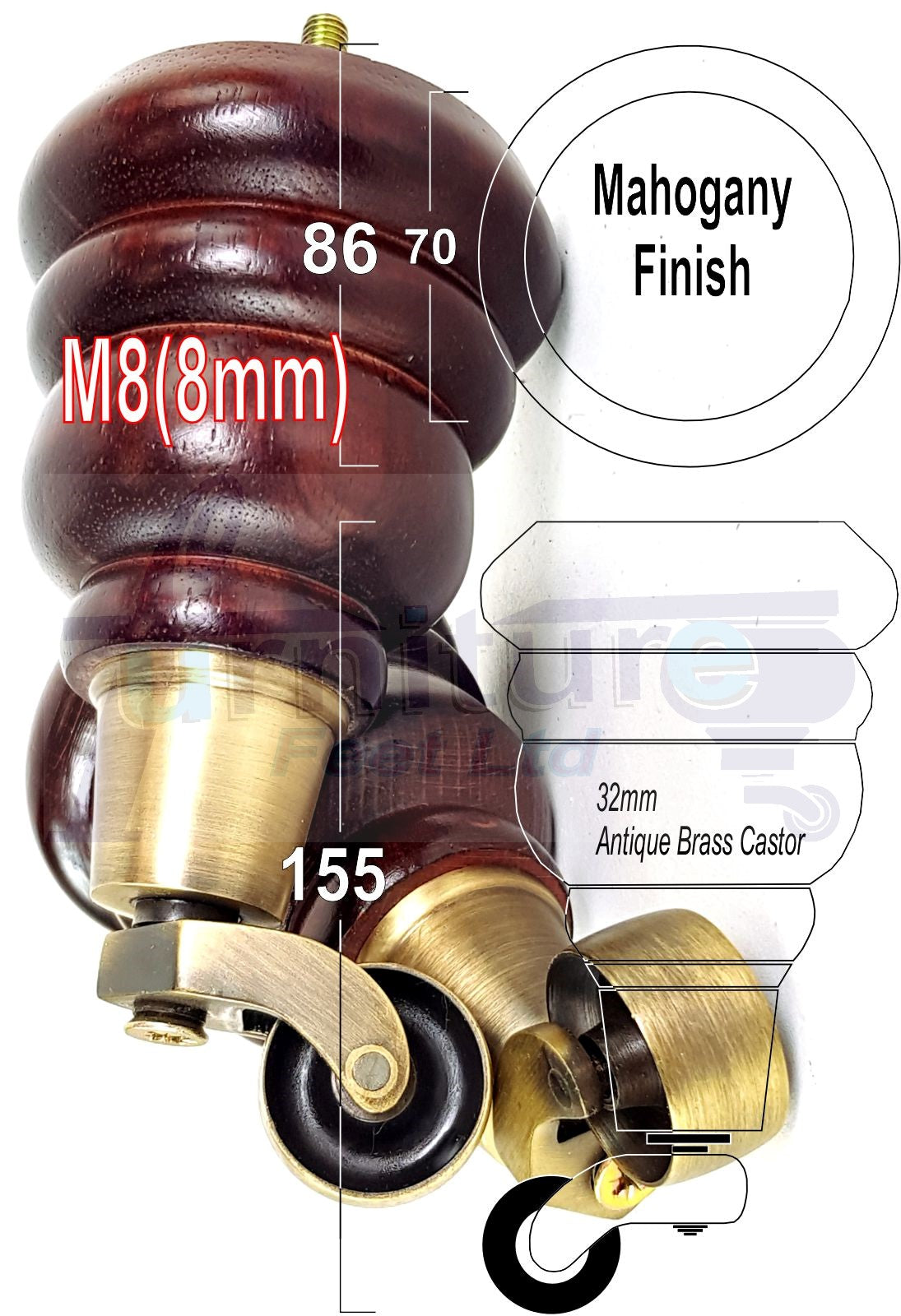 4 Turned Wood Replacement Furniture Legs with Castors 155mm High Feet M8 6 Inches - Mahogany