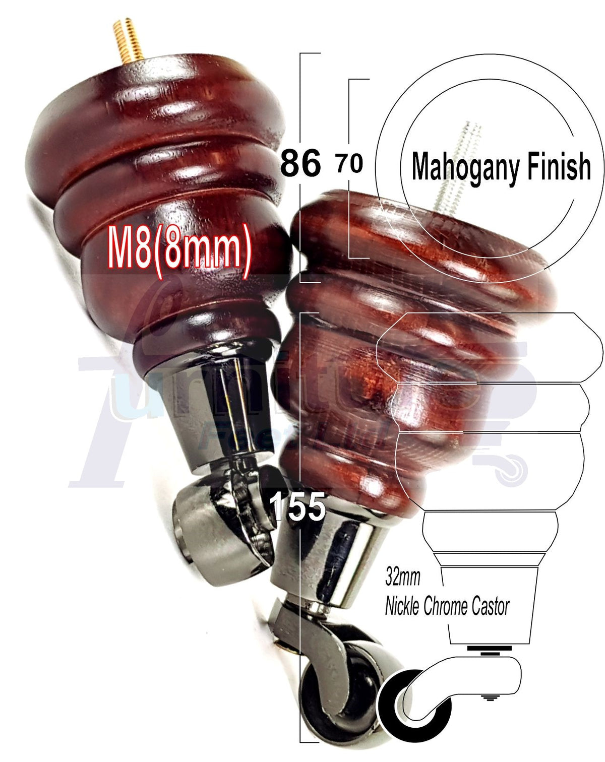 4 Turned Wood Replacement Furniture Legs with Castors 155mm High Feet M8 6 Inches - Mahogany