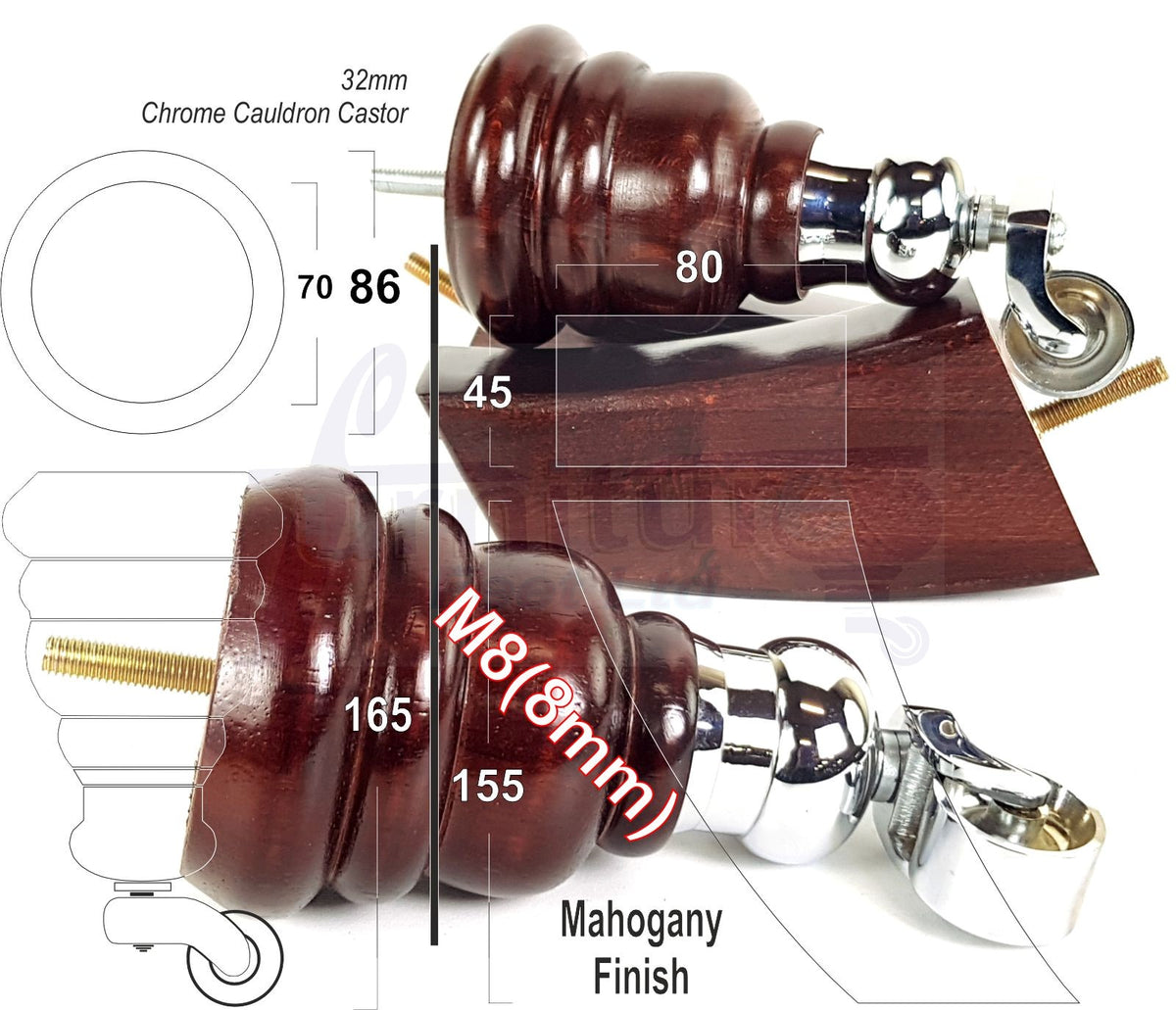 2x Turned Replacement Legs 155mm High & 2x Curved Solid Wood Furniture Legs M8 Dowl Fix - Mahogany