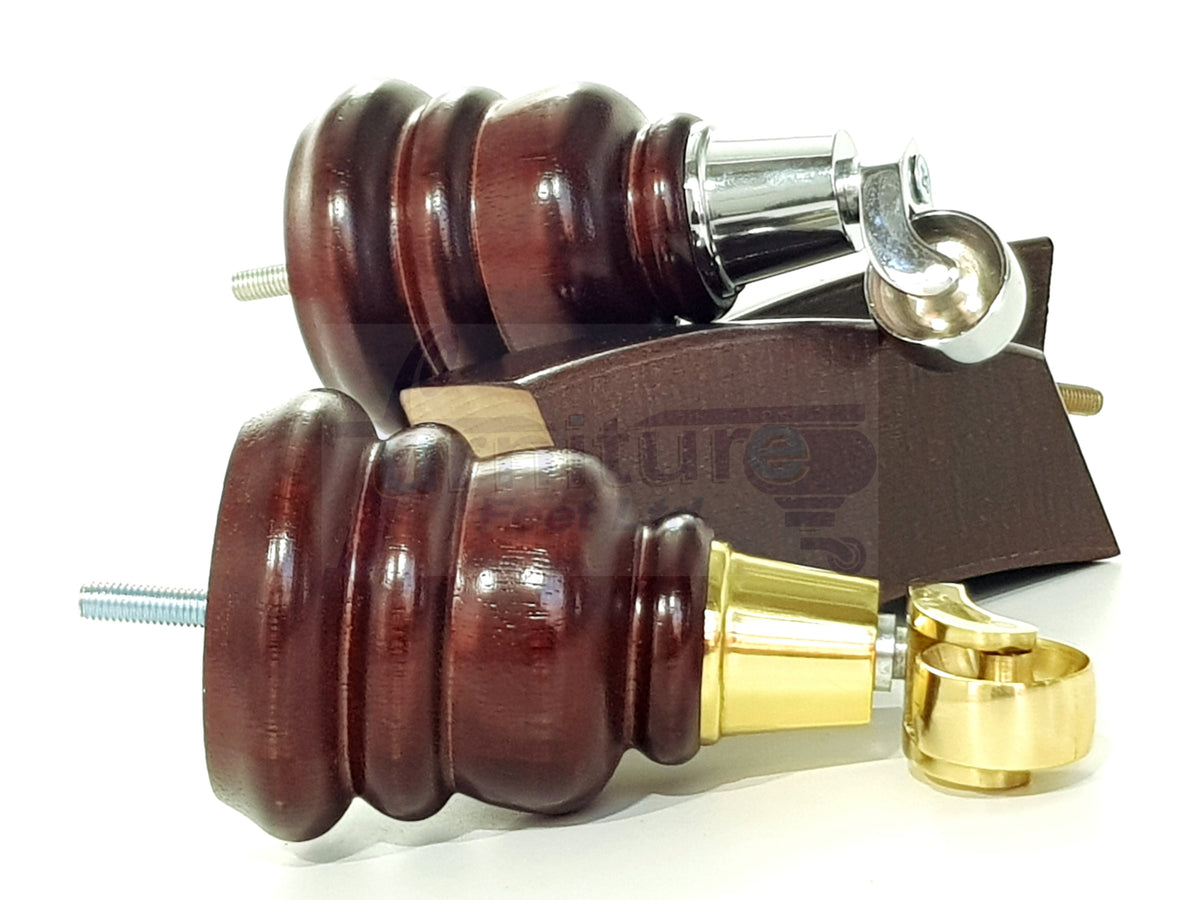 2x Turned Replacement Legs 155mm High & 2x Curved Solid Wood Furniture Legs M8 Dowl Fix - Mahogany