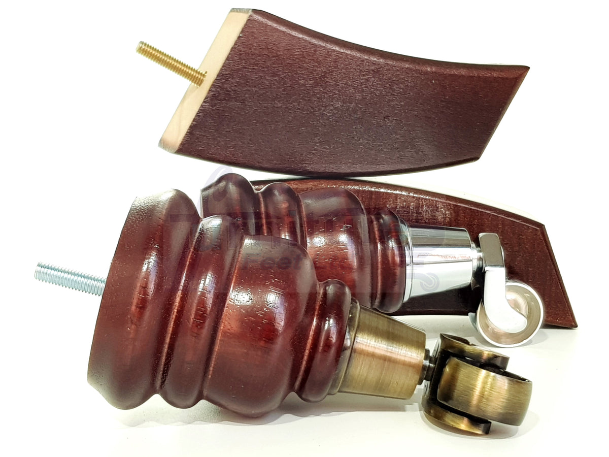 2x Turned Replacement Legs 155mm High & 2x Curved Solid Wood Furniture Legs M8 Dowl Fix - Mahogany