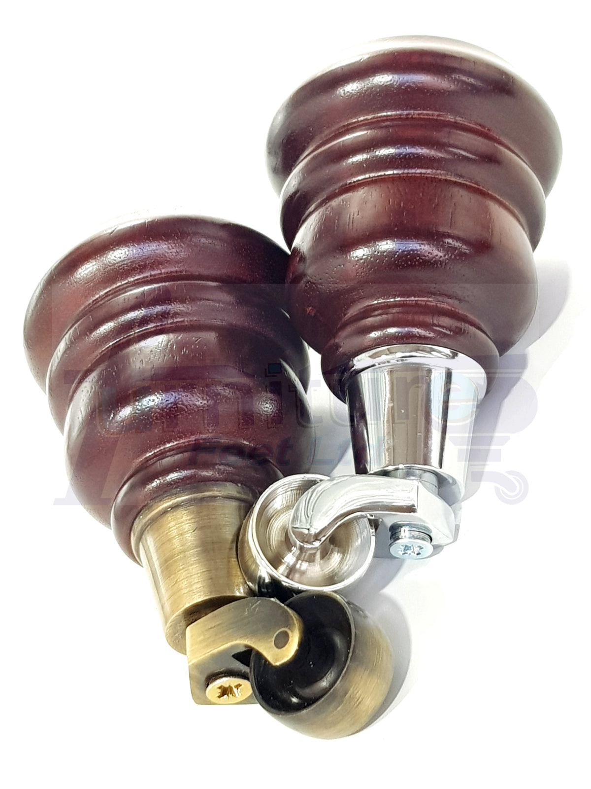 4 Turned Wood Replacement Furniture Legs with Castors 155mm High Feet M8 6 Inches - Mahogany