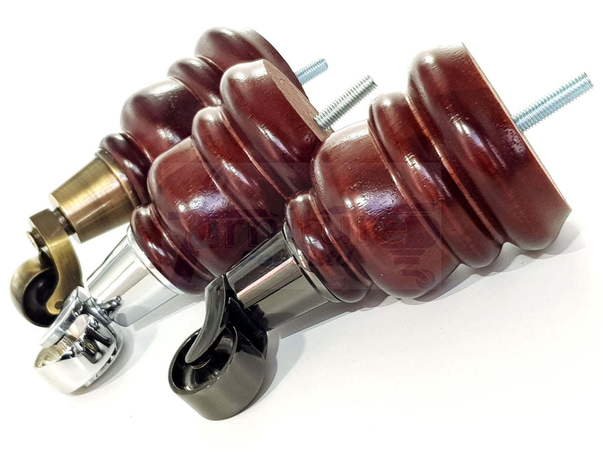 4 Turned Wood Replacement Furniture Legs with Castors 155mm High Feet M8 6 Inches - Mahogany