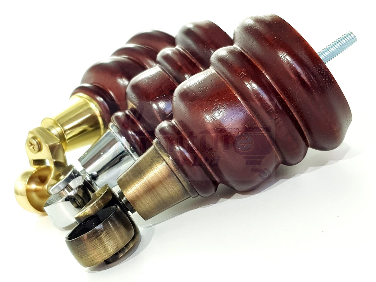 4 Turned Wood Replacement Furniture Legs with Castors 155mm High Feet M8 6 Inches - Mahogany