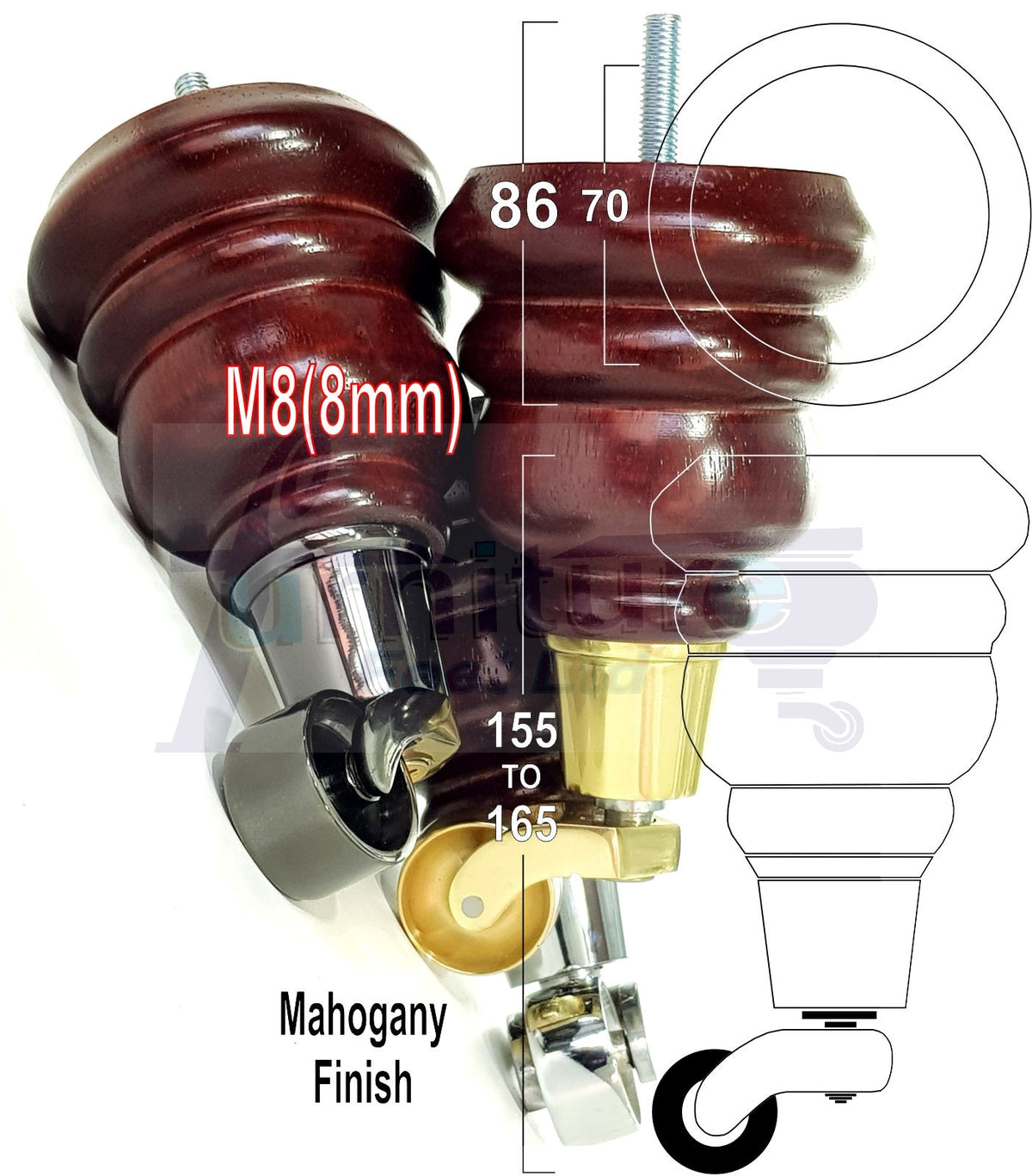 4 Turned Wood Replacement Furniture Legs with Castors 155mm High Feet M8 6 Inches - Mahogany