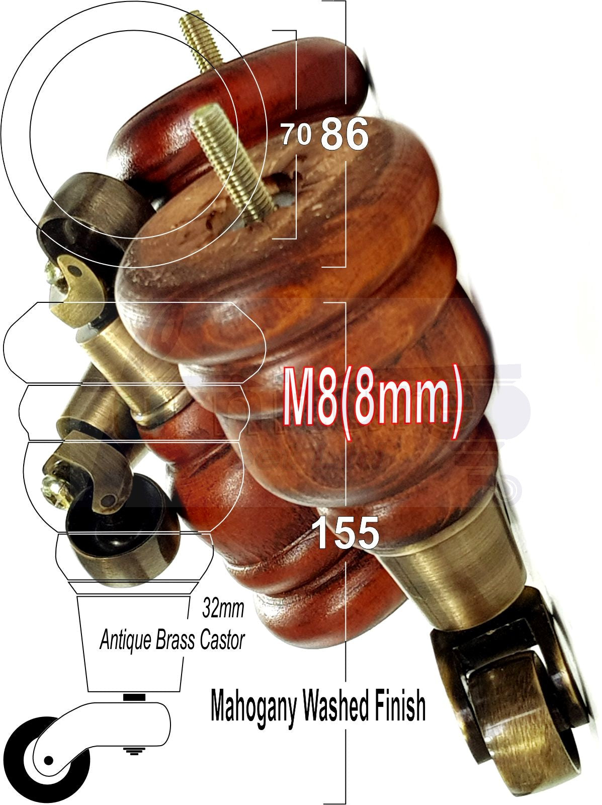 4 Turned Wood Furniture Legs with Castors Feet 155mm 6 Inches High M8 - Mahogany Wash