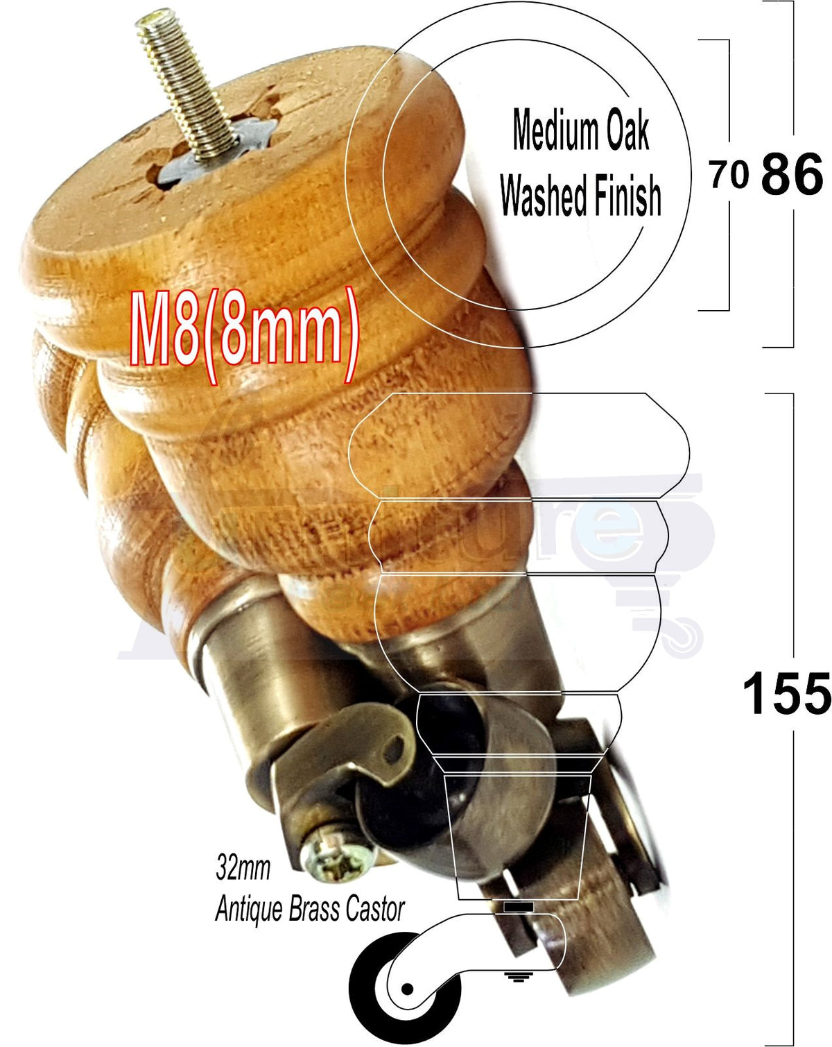 4 Wood Turned Furniture Legs Replacement Castor Feet 155mm High Medium Oak Wash M8 Dowl Fixing